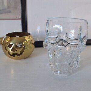 Vintage Halloween brass pumpkin jack-o-lantern & glass skull candle holders